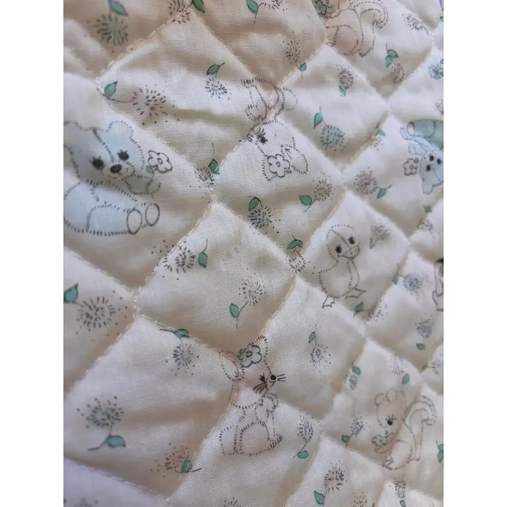 Vintage Handmade Quilted Baby Blanket Pastel Yellow Teddy Bear Poodle Flowers